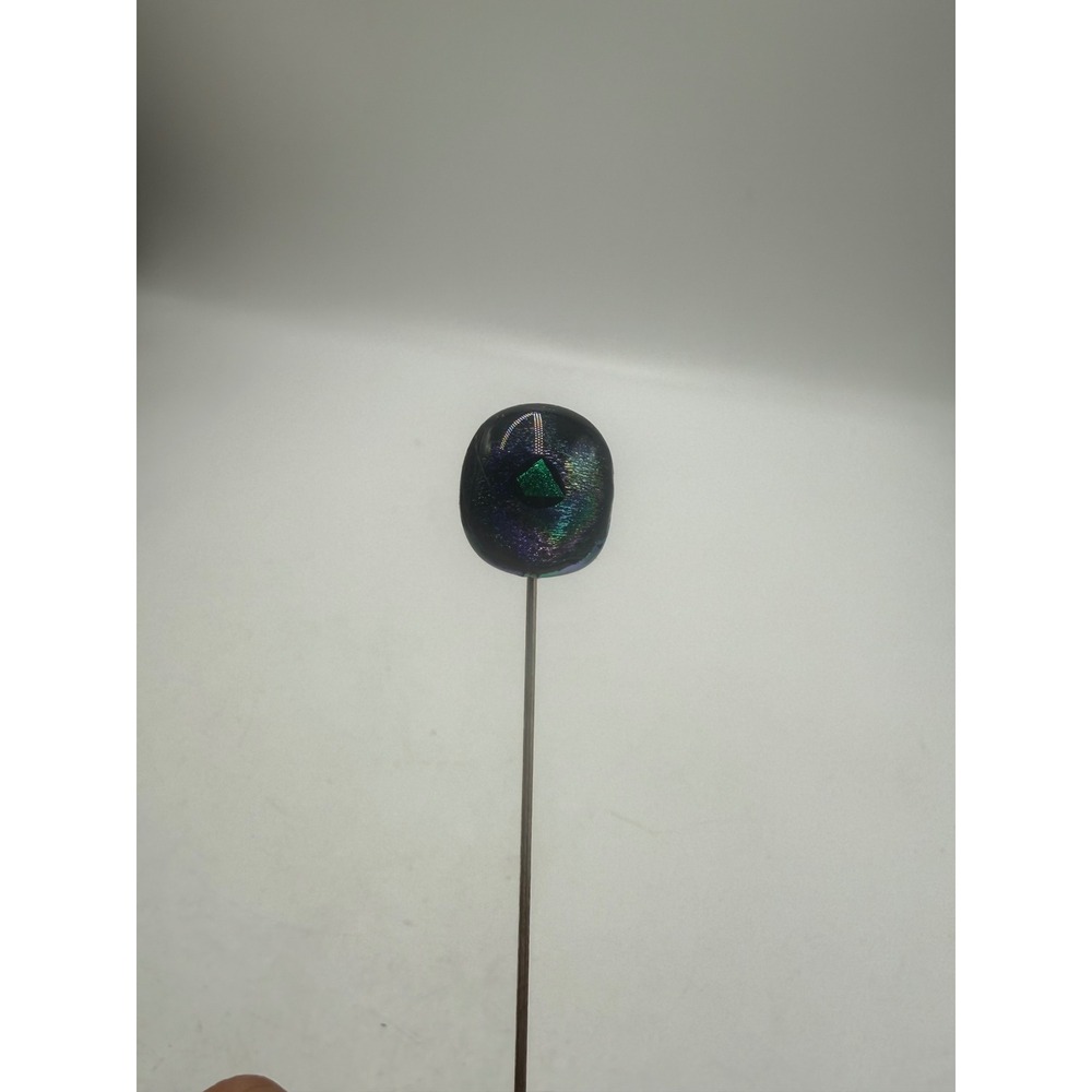 Vintage Dichroic Art Glass Stick Pin Iridescent Green Blue Silver Tone 3.25"